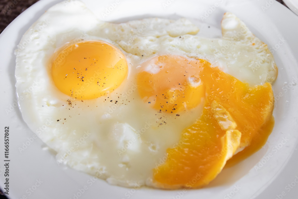 Delicious fried eggs with vibrant orange yolks. Delicious fried eggs with vibrant orange yolks.