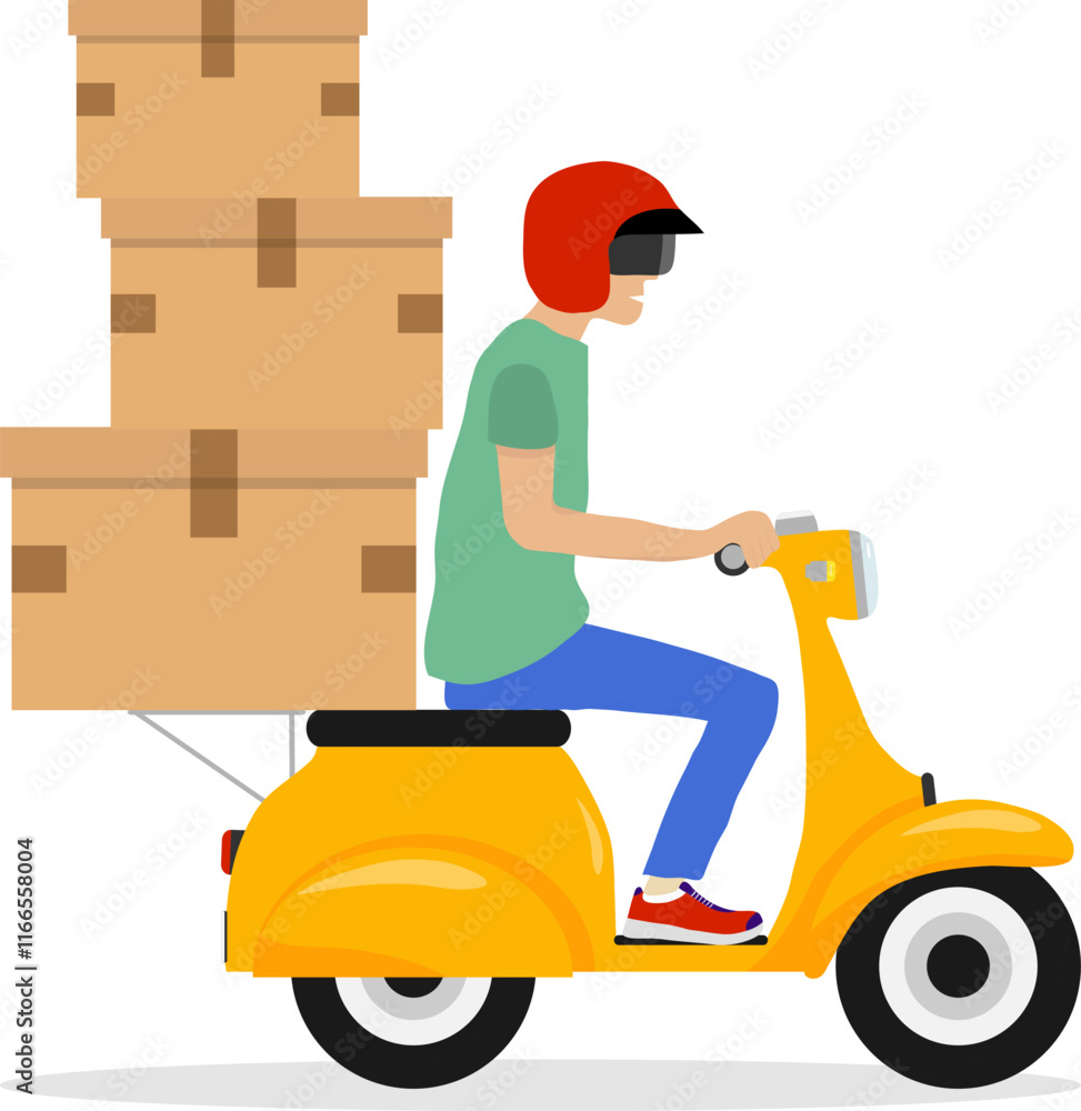 Delivery service, a man on a scooter works as a courier and delivers boxes. Vector, designer illustration. Delivery service, a man on a scooter works as a courier and delivers boxes. Vector, designer illustration.