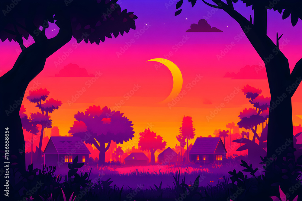 Vibrant sunset landscape with crescent moon, silhouetted houses, and lush trees. Perfect for backgrounds, children's books, or peaceful imagery. Vibrant sunset landscape with crescent moon, silhouetted houses, and lush trees. Perfect for backgrounds, children's books, or peaceful imagery.