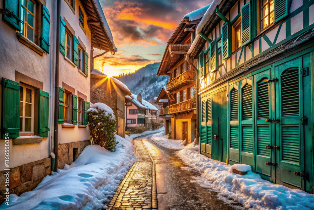 Fototapeta premium snow covered cobblestone street in quaint alpine village at sunset