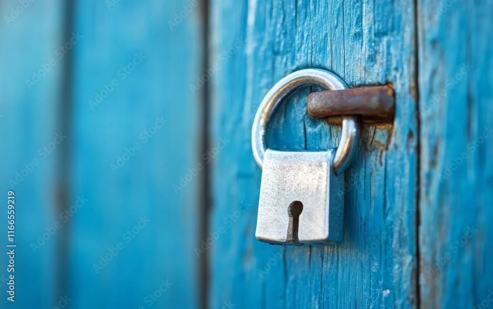 Close-up of a silver padlock hanging on a rustic blue wooden door, symbolizing security and protection. Close-up of a silver padlock hanging on a rustic blue wooden door, symbolizing security and protection.