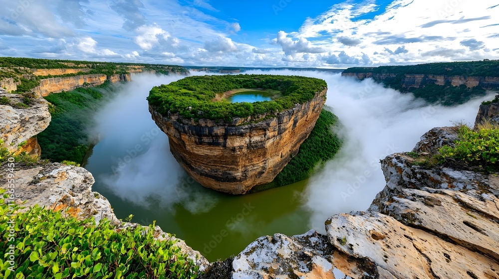 Fototapeta premium A serene mountain lake surrounded by lush greenery, rocky shores, and a peaceful sky