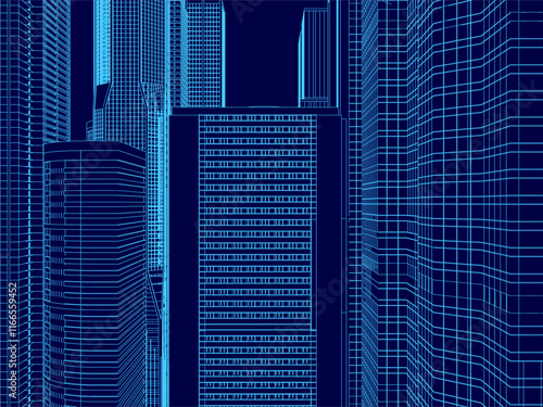 Blue cityscape with tall buildings and a skyline. The buildings are all lined up and appear to be in a grid pattern. The sky is dark and the buildings are illuminated
