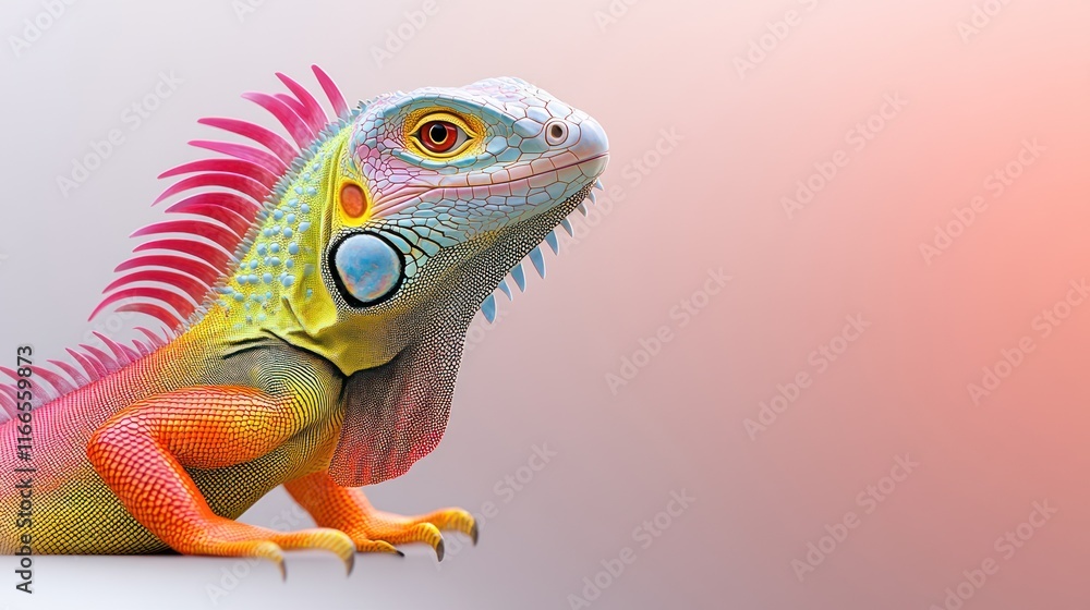 Fototapeta premium A colorful iguana with vibrant hues against a soft gradient background.