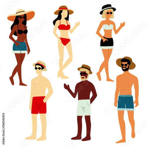 set of people at summer beach vacation vector illustration. elements of a beach holiday consisting of men wearing hats and glasses with boxers and women with hats and glasses wearing bikinis