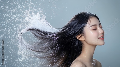 Beautiful asian woman with long hair and splashes of water
