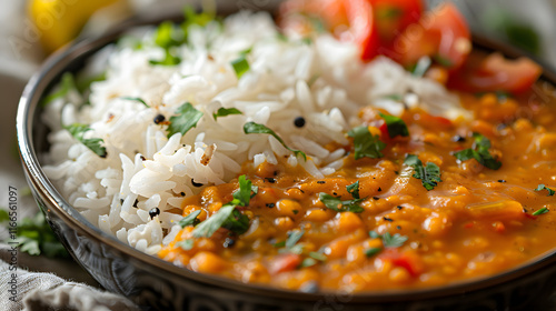 Close-up of rice with dal tadka lentil curry