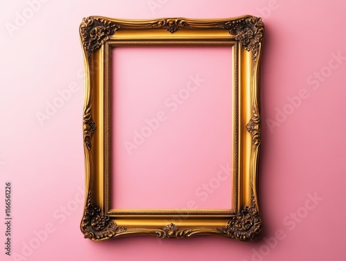 Elegant vintage golden photo frame against a soft pink background, perfect for showcasing art or photography. photo