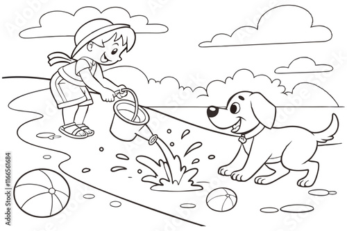 A puppy splashing water while a couple plays with it at the beach white background B.eps