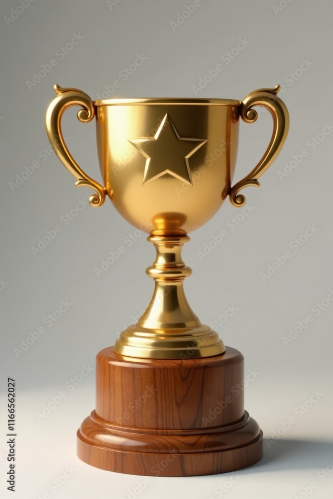 Golden trophy with a star on top resting on a wooden pedestal, golden trophy, luxury Golden trophy with a star on top resting on a wooden pedestal, golden trophy, luxury
