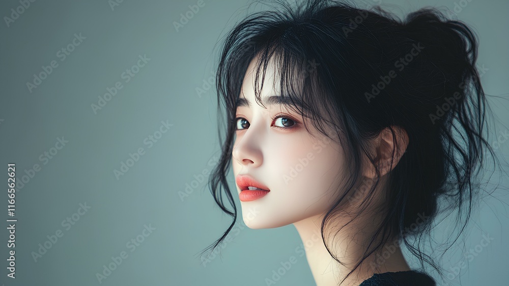 Portrait of beautiful asian woman with long hair and red lips Portrait of beautiful asian woman with long hair and red lips