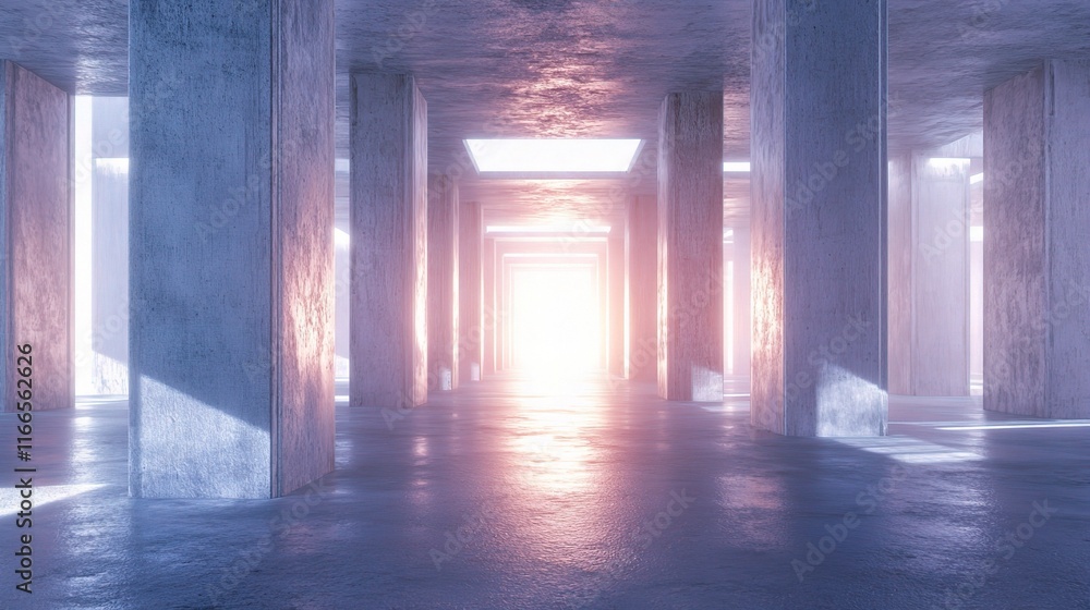 Vast Concrete Hall with Columns and Bright Light at the End Vast Concrete Hall with Columns and Bright Light at the End