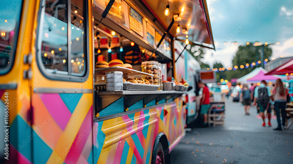 Obraz premium Colorful food truck at urban food festival with copy space, selective focus for text placement