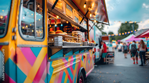 Colorful food truck at urban food festival with copy space, selective focus for text placement