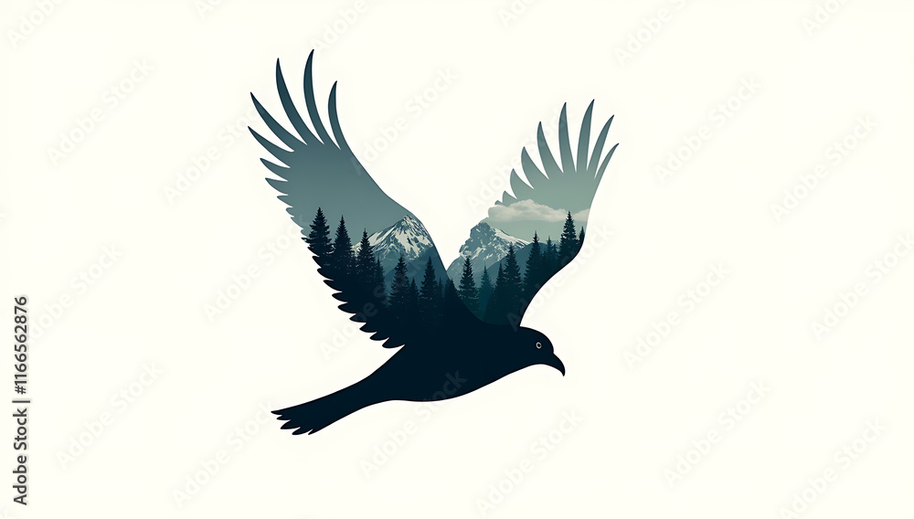 Fototapeta premium A double silhouette of a bird in flight, with a dense forest and mountains visible within the bird's silhouette, symbolizing freedom and exploration.