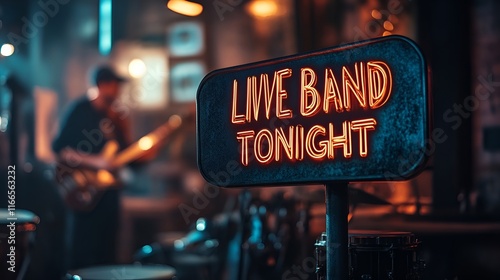 Sign that reads “LIVE BAND TONIGHT” - concert venue - acoustic - cover charge - music - bar - pub - musical entertainment - guitars - drums  photo