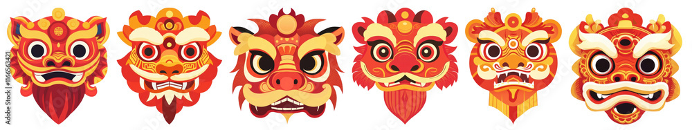 Naklejka premium PNG Vibrant traditional dragon masks, element set on transparent background