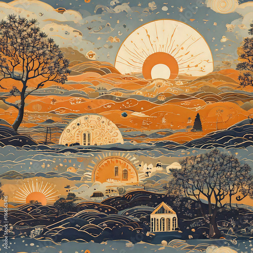 Sunset landscape illustration seamless pattern dogotal paper, good for wall paper, scrapbook and print on demand photo