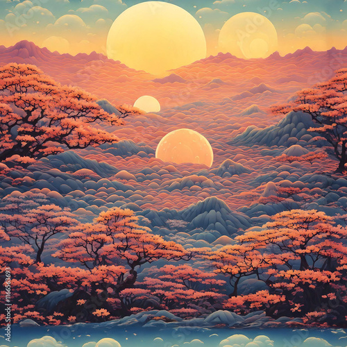 Sunset landscape illustration seamless pattern dogotal paper, good for wall paper, scrapbook and print on demand photo