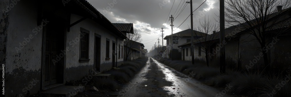 Moody old black and white photograph of abandoned street at dusk, night, street Moody old black and white photograph of abandoned street at dusk, night, street