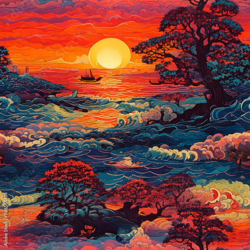 Sunset landscape illustration seamless pattern dogotal paper, good for wall paper, scrapbook and print on demand photo