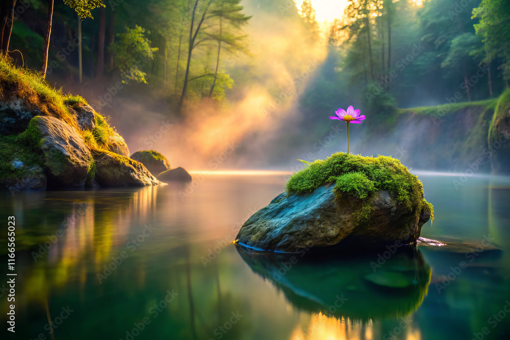 Fototapeta premium serene scene of lotus flower on mossy rock in tranquil water