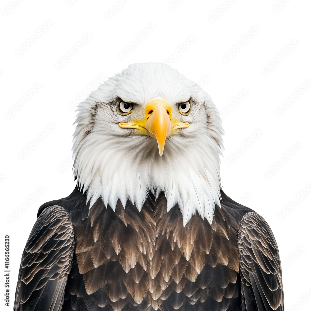 Fototapeta premium Bald eagle head portrait looking tough against a transparent background. For patriotic freedom USA meme compositing.