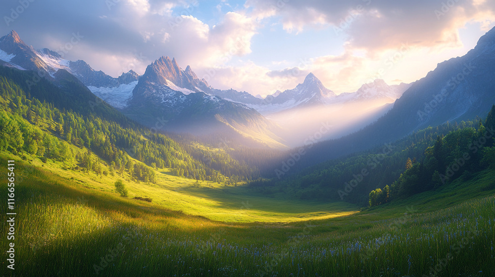 Obraz premium Calm mountain valley at dawn, soft rays of light illuminate the grassland and distant peaks.
