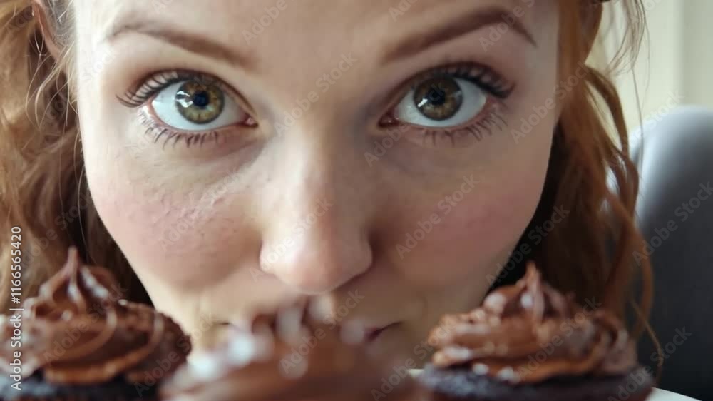 A cheerful woman admires decadent chocolate cupcakes on a white plate. This image captures the happiness of enjoying sweets and the joy they bring. Generative AI A cheerful woman admires decadent chocolate cupcakes on a white plate. This image captures the happiness of enjoying sweets and the joy they bring. Generative AI