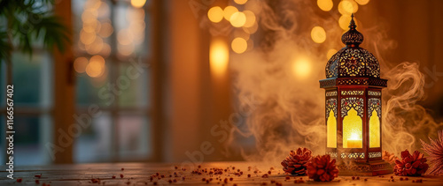 ornate metal lantern with lit candle incense smoke