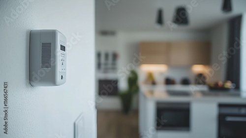 Close-up of a carbon monoxide detector with red alert light on a white wall, emphasizing safety and home security, essential for household protection and emergency preparedness.