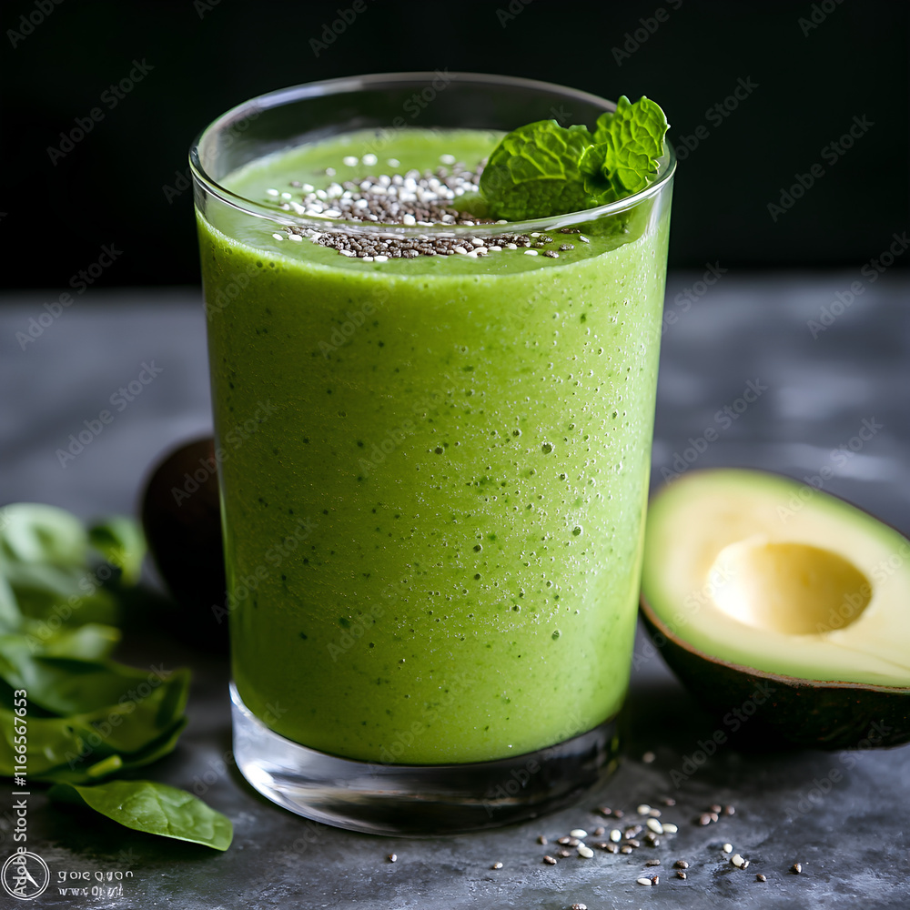A vibrant green smoothie made from spinach, mint, and avocado, packed with herbal nutrition. A vibrant green smoothie made from spinach, mint, and avocado, packed with herbal nutrition.