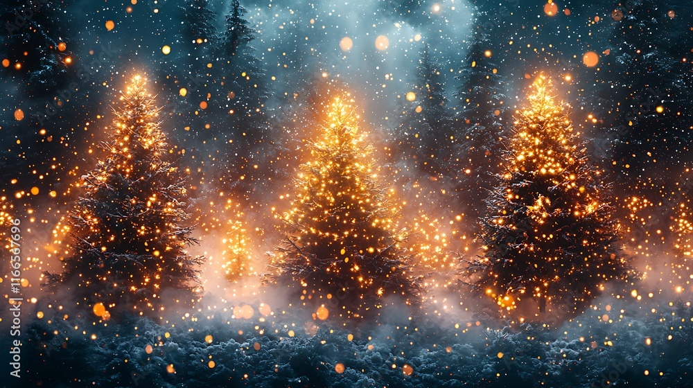 Illuminated Christmas Trees in a Snowy Winter Forest Illuminated Christmas Trees in a Snowy Winter Forest