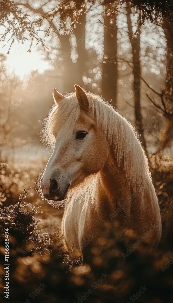 Obraz premium A serene horse stands in a sunlit forest, surrounded by soft, warm light and foliage.