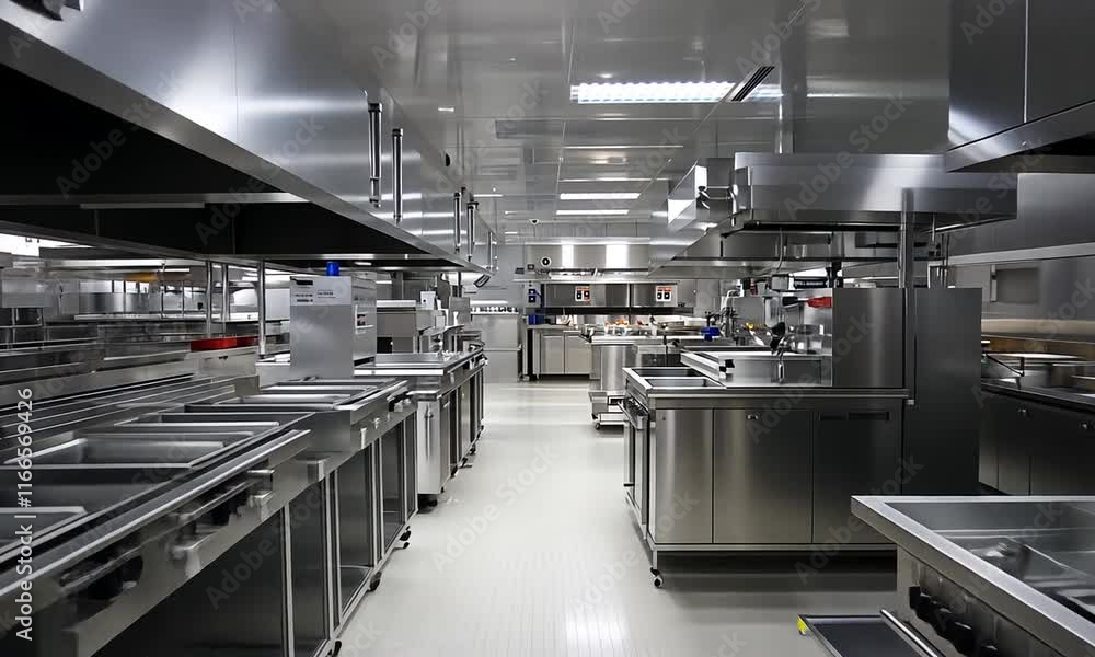 A modern commercial kitchen equipped for food preparation and cooking.