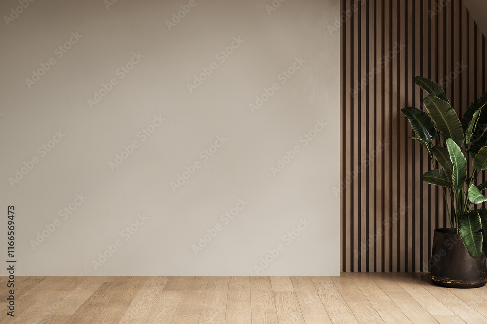 Fototapeta premium Modern contemporary loft empty room with concrete and wooden plank wall, parquet floor, plants, panoramic window.