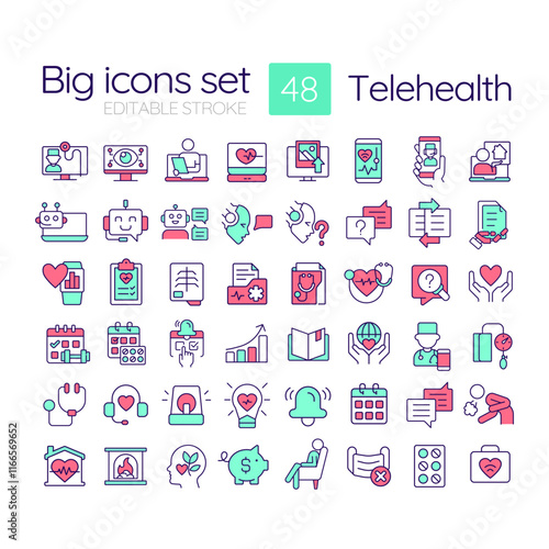 Telehealth technology RGB color icons set. Access to online services for patients. Consultation via chatbots. Isolated vector illustrations. Simple filled line drawings collection. Editable stroke