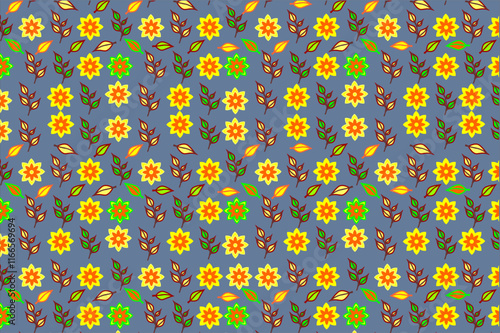 Seamless pattern with floral and leaf elements. These patterns are arranged in an orderly manner creating a harmonious and aesthetic appearance, suitable for use in decorative or textile designs.