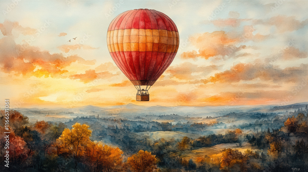 Fototapeta premium vibrant hot air balloon floats gracefully over picturesque landscape at sunset, surrounded by rolling hills and colorful autumn trees, evoking sense of adventure and tranquility