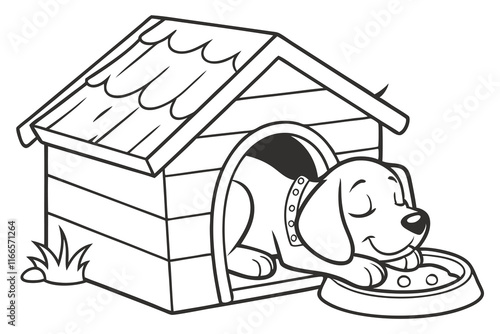 puppy, sleeping in a doghouse, paws stretched, calm expression, black and white line drawing B.eps