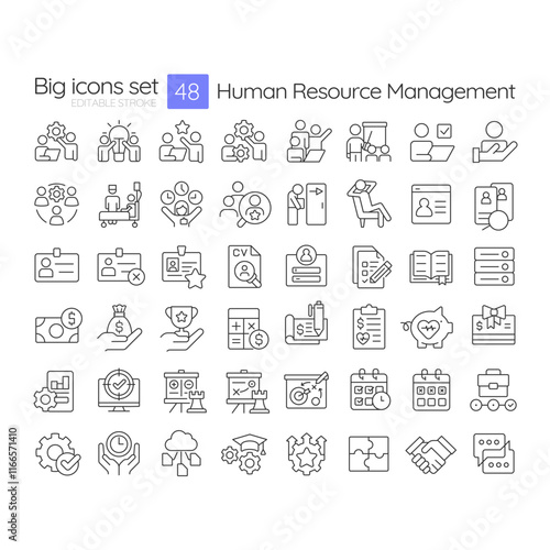 Human resource management linear icons set. Hiring staff for business development. Talents recruitment. Customizable thin line symbols. Isolated vector outline illustrations. Editable stroke