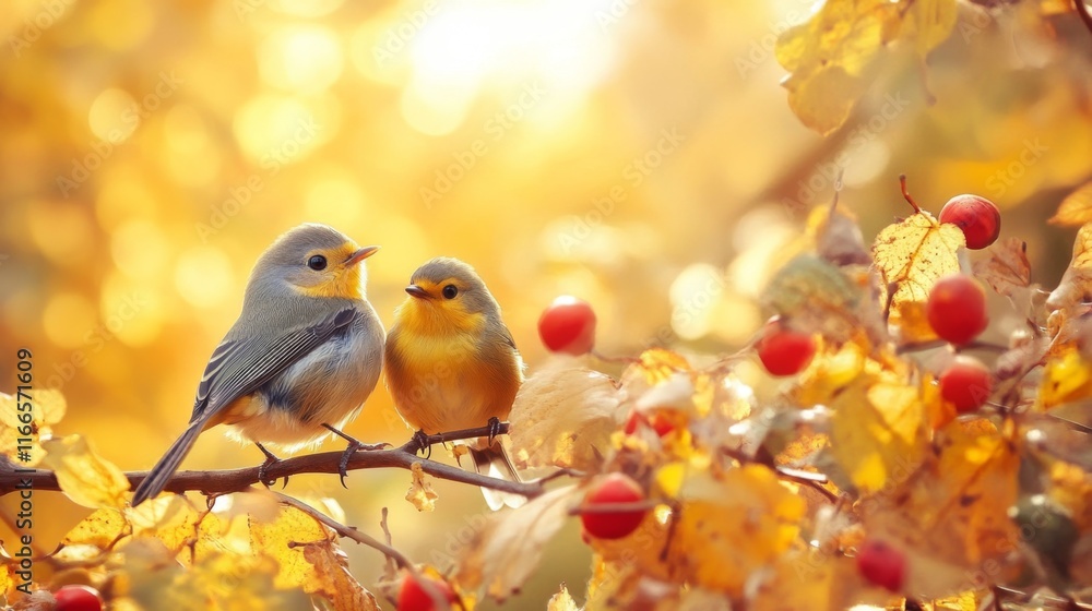 little funny birds are sitting in the autumn garden among the golden foliage little funny birds are sitting in the autumn garden among the golden foliage