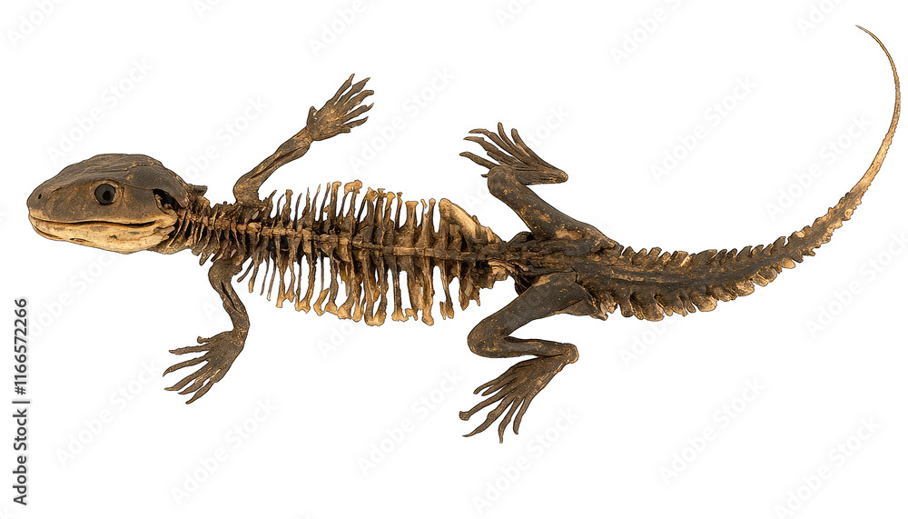 Lizard skeleton, dorsal view, showing detailed bone structure. Lizard skeleton, dorsal view, showing detailed bone structure.