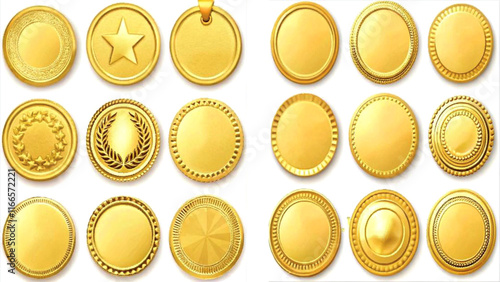 Realistic Blank Golden Coins and Medals for Design