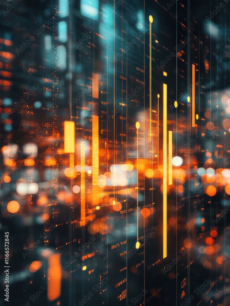 Fototapeta premium Abstract glowing big data forex candlestick chart on blurry city backdrop. Trade, technology, investment and analysis concept. Double exposure