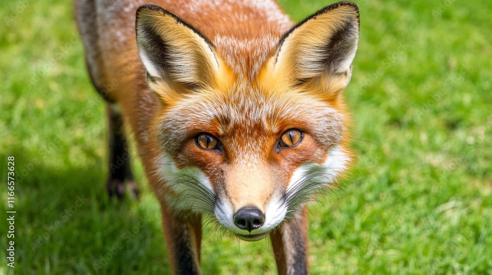 Fototapeta premium Lovely red fox, vulpes vulpes, facing camera with adorable eyes in green summer nature. Wild mammal approaching cautiously on grass from front view. Animal wildlife with copy space