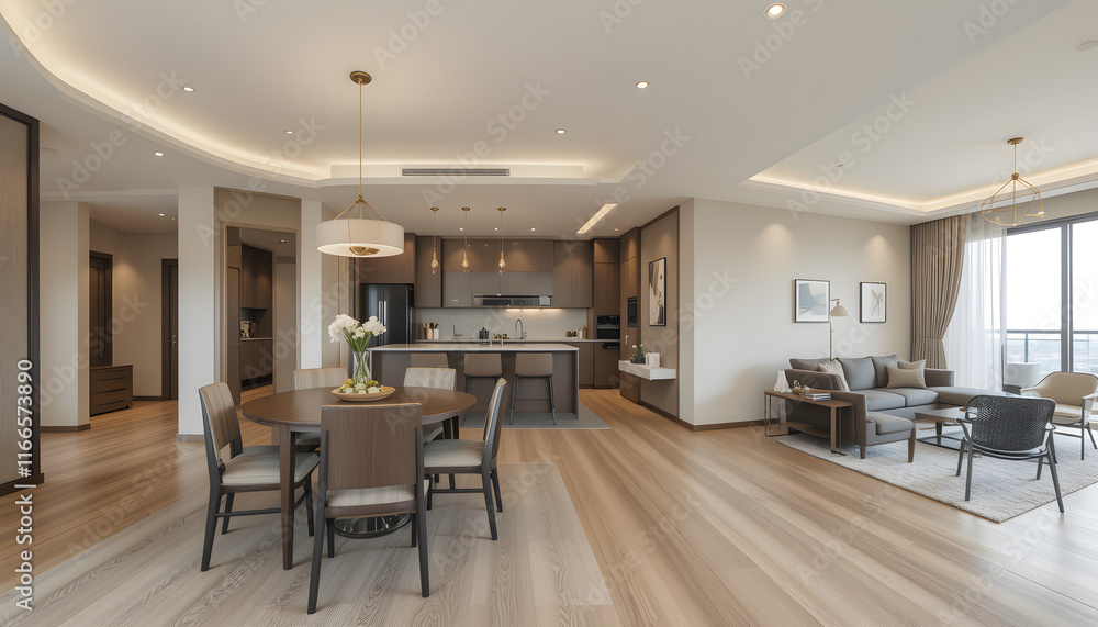 stock photo features a modern apartment with a dining room furnished with a table and chairs, as well as an empty living room with a beige wall, creating a panoramic view of interior design. stock photo features a modern apartment with a dining room furnished with a table and chairs, as well as an empty living room with a beige wall, creating a panoramic view of interior design.