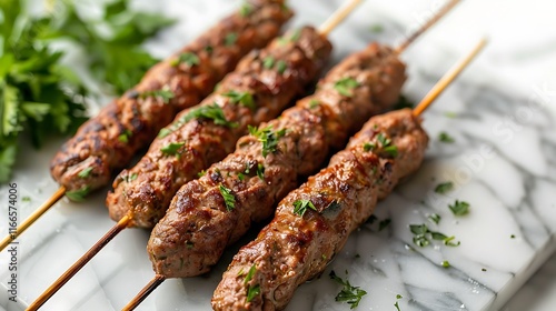 On a gray marble table freshly made kofta sticks seasoned for roasting are displayed