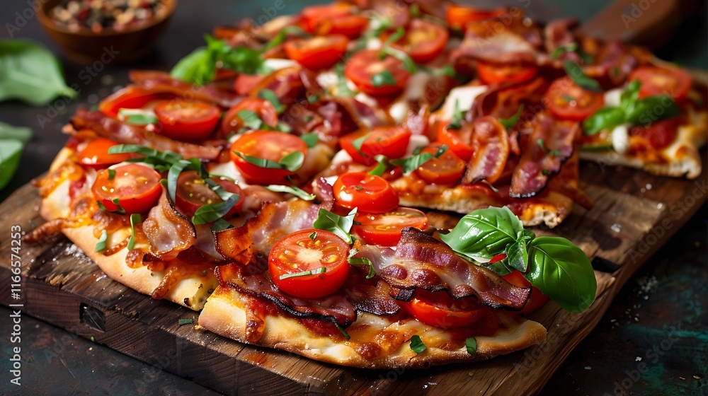 On a rustic wooden board canadian style pizza topped with crispy bacon fresh tomatoes and seasonal vegetables On a rustic wooden board canadian style pizza topped with crispy bacon fresh tomatoes and seasonal vegetables
