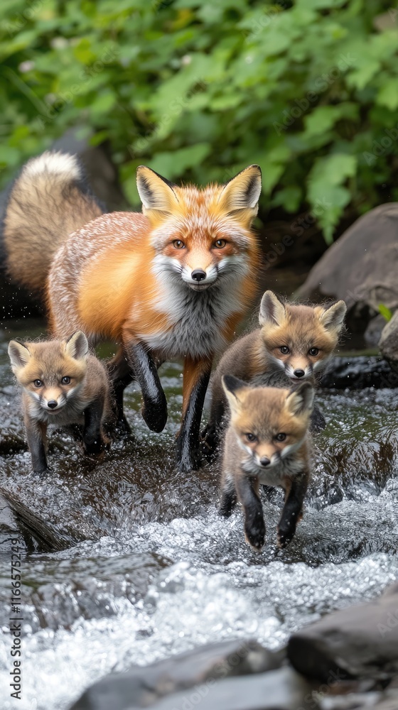 Fototapeta premium A red fox and her three kits wade through a stream surrounded by lush greenery.